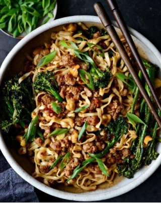 Crispy Pork Dragon Noodles With Broccolini