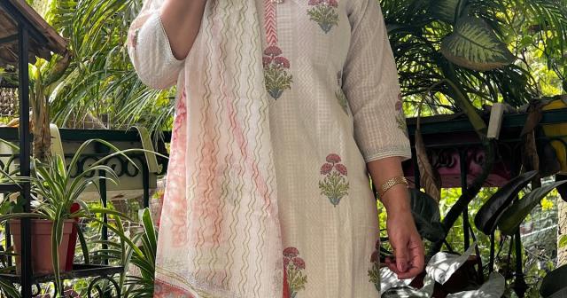 Summer Breeze: White Cotton Suit Set with Hand Block Printed Dupatta