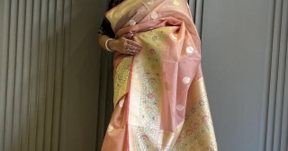 A Timeless Tale: Banarasi Peachish Pink Kora Silk Sari