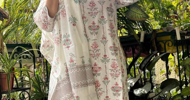 Timeless Charm: Hand Block Printed White Cotton Suit Set with Dupatta