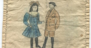 Antique Folk Art Drawing 19th On Hand Stitched Fabric Young Woman And Man. Collection Dull Tool Dim Bulb