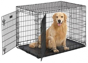 MidWest Ultima Pro (Professional Series & Most Durable Dog Crate) | Extra-Strong Double Door Folding Metal Dog Crate W/Divider Panel, Floor Protecting “Roller Feet” & Leak-Proof Plastic Pan