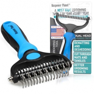 Maxpower Planet Pet Grooming Brush – Double Sided Shedding, Dematting Undercoat Rake For Dogs, Cats – Extra Wide Dog Grooming Brush, Dog Brush For Shedding, Cat Brush, Reduce Shedding By 95%, Blue