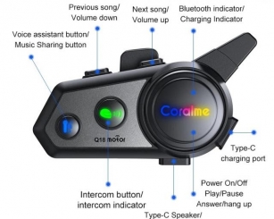 Coralme Q18 1000M Motorcycle Intercom Helmet Bluetooth Headphones Music Sharing Headset