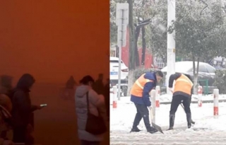 VIDEO: Weird Weather In China! On One Side, A Heavy Snowstorm, On The Other, A Sandstorm Hit, - 52 Degree Temperature