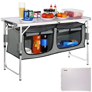 VEVOR Camping Kitchen Table, 3 Adjustable Height Aluminum Portable Folding Camp Cooking Station With Storage Organizer, Quick Installation For Picnic BBQ Beach Traveling
