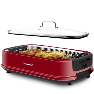 Techwood Indoor Smokeless Grill 1500W Electric Grill With Tempered Glass Lid, Compact & Portable Non-Stick BBQ Grill With Turbo Smoke Extractor Technology, LED Smart Control Panel, Red