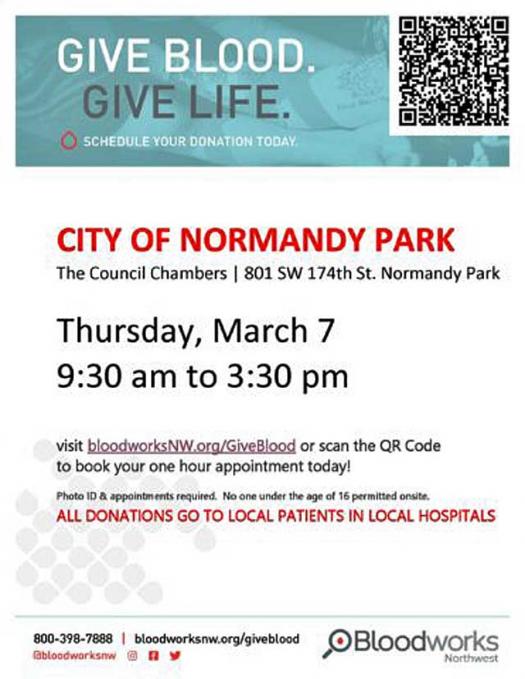Donors needed for Blood Drive at Normandy Park City Hall this Thursday, Mar. 7