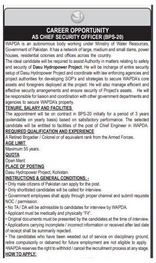 Wapda Careers Jobs 2024 | Chief Security Officer Apply Online