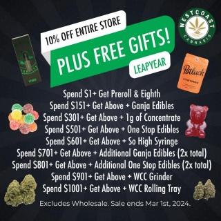 West Coast Cannabis 10% Off With Free Gifts On Every Order For Leap Year Starts Now!