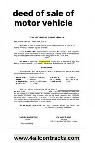 Downloadable Printable Sample Deed Of Sale Of Motor Vehicle Microsoft Word