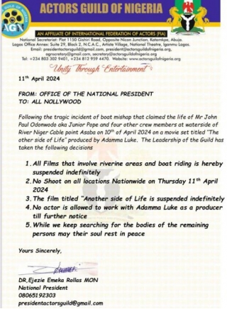 Jnr Pope: AGN Suspends All Movies Involving Boat Riding, Bars Actors From Featuring In Movies Produced By Adamma Luke