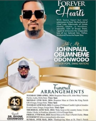 Jnr Pope: Family Of Late Nollywood Actor Releases Funeral Date