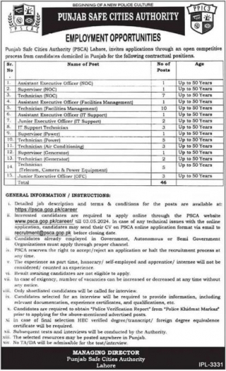 Punjab Safe Cities Authority Jobs 2024 | PSCA Jobs