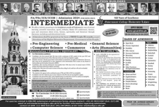 GCU Lahore Intermediate FA FSc ICS ICom Admissions 2024