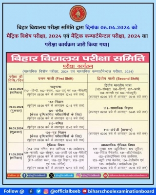 Bihar Board BSEB Matric (Class 10) And Inter (Class 12) Compartment Exam Time Table 2024