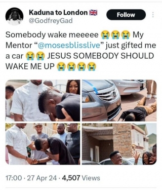 Music Artist, Godfrey Gad Overjoyed As Moses Bliss Gifts Him A Car