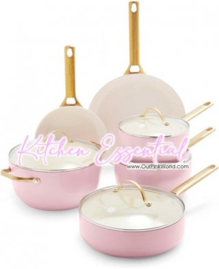 Pink Ceramic Nonstick 10-Piece Cookware Pots And Pans Set.