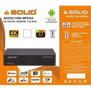 SOLID AHDS2-1080 DD Free Dish Suitable FTA Hybrid Android 10 Smart TV Box