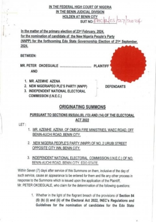 Edo 2024: Hon. Peter Okoegbuale Drags NNPP To Court, Says He Won The Edo NNPP Guber Primaries