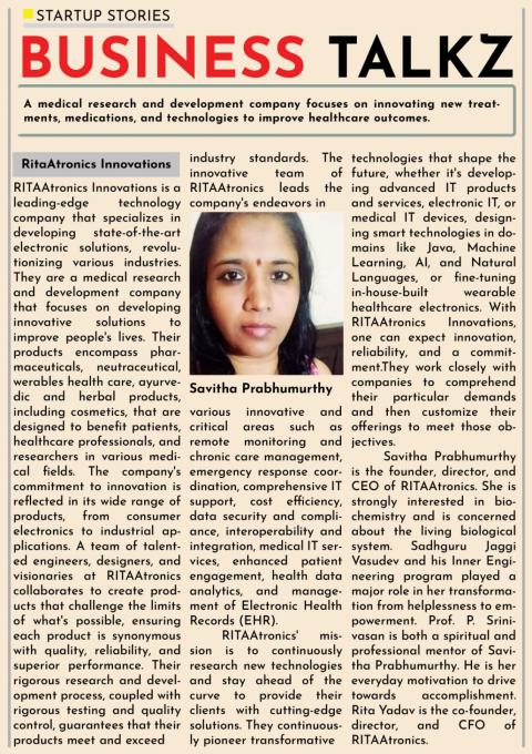 Business Talkz Online Newspaper presenting Savitha Prabhumurthy from RitaAtronics Innovations