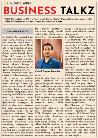 Vishal Gupta - CEO Of Chamber Of Sales Is Featuring On Business Talkz Newspaper