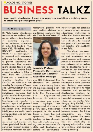 Dr. Nidhi Pandey Is Featuring On Business Talkz Newspaper