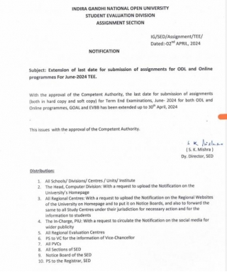 IGNOU - Last Date For Submission Of Assignment Has Been Extended Up To 30th April, 2024
