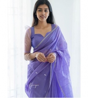 Latest Designer Sarees Online For Women - Cotton Linen Saree With Blouse Piece