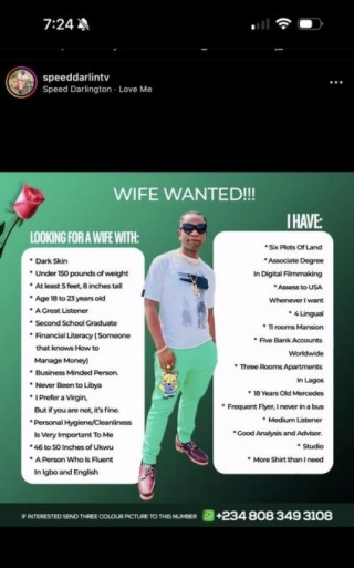 Speed Darlignton In Search Of A Wife, Shares Criteria (Photo)