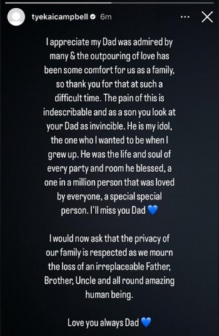 Kevin Campbell’s Son Tyrese Pays Emotional Tribute To His Late Father After The Former Arsenal And Everton Striker Passed Away Aged 54