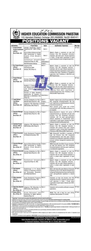 Higher Education Commission (HEC) Jobs 2024