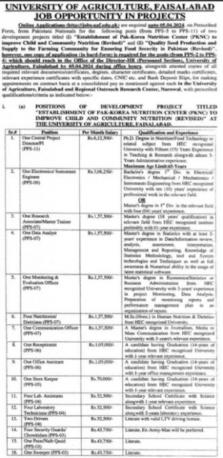 UAF Jobs Advertisement 2024 In PKNC & Quality Seed Projects