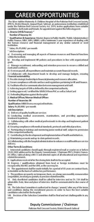 The Silver Jubilee Maternity & Children Hospital Of The Pakistan Red Crescent Society (PRCS) Jobs 2024
