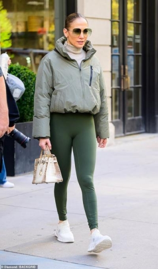 Jennifer Lopez Is Casual In Tight Green Leggings And A Pale Green Jacket As She Carries Her $350K Himalaya Crocodile Hermes Purse In New York City