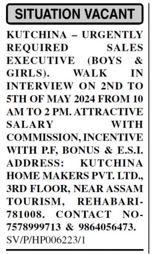 Assam Tribune Paper Private Job Update Today: Classified – April 28, 2024