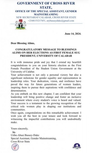 Congratulatory Message To Blessings Alims As The First Female SUG President UNICAL