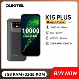 OUKITEL K15 Plus Rugged Smartphone 6.52Inch HD Android Mobile Phone Quad Core 4GB+32GB 10000mAh 13MP Triple Camera Cellphone NFC