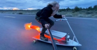Rocket Maniac Rides Homemade Rocket-Powered Skateboard