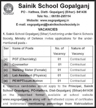 Sainik School Gopalganj Recruitment 2024 For 05 Various Vacancies | Www.ssgopalganj.in