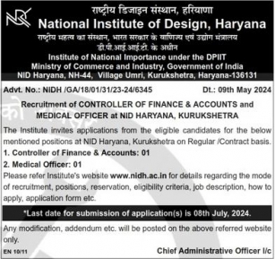 NID Haryana Recruitment 2024 Apply For Finance, Medical Officer Posts