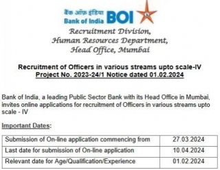 Bank Of India Officer Recruitment 2024, Notification, Apply Online (143 Posts)