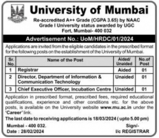 University Of Mumbai Recruitment 2024 Apply 03 Non Teaching Vacancies