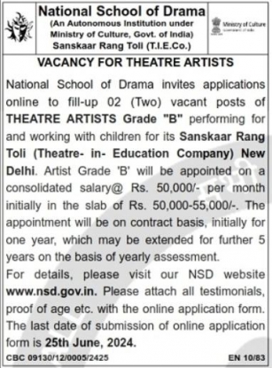National School Of Drama Recruitment 2024 Apply Online | 02 Theatre Artist Posts | Nsd.gov.in