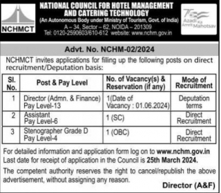 NCHMCT Recruitment 2024 Apply For Assistant, Stenographer, Director Posts