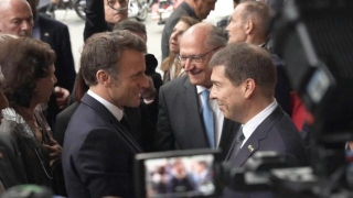 Emmanuel Macron Arrives At Franco-Brazilian Economic Forum In Sao Paulo