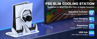 HELLCOOL PS5 Slim Stand With Turbo Cooler Fan, PS5 Cooling Stand Only For New 2023 PS5 Slim Disc & Digital Edition, PS5 Slim Stand With PS5 Controller Charger/15 Games Card Case/Headset Holder