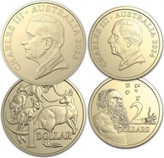 Australia 1 & 2 Dollars 2023 & 2024 - King Charles III Circulation Types